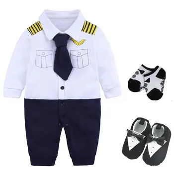 Jaundzimušo bērnu, zīdaiņu zēnu apģērba puses dzimšanas dienas dāvanu bodysuit+cepure+zeķes+kurpes bērnu 0-3 3-6m kokvilnas bērnu playsuit kostīmu pilots