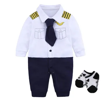 Jaundzimušo bērnu, zīdaiņu zēnu apģērba puses dzimšanas dienas dāvanu bodysuit+cepure+zeķes+kurpes bērnu 0-3 3-6m kokvilnas bērnu playsuit kostīmu pilots