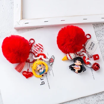 Jaunu PomPom Sailor Moon Keychain Keyring Cute Karikatūra Enkura Bell Saldējums Burvju Meitene Soma Auto Kulons Atslēgu Piekariņi Aksesuāri