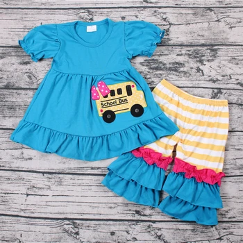 Jaunākās bērnu apģērbu komplekti vasaras baby girl apģērbs cute maz meitenes atpakaļ uz skolu autobusu drukas auto modes apģērbu veikals