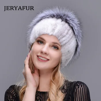 JERYAFUR sievietēm jaunu kažokādas cepures ziemas nekustamā ūdeļu kažokādas cepuri silver fox kažokādas pom poms trikotāžas beanie cepure 2018 jaunu pārdošanas kažokādas cepures