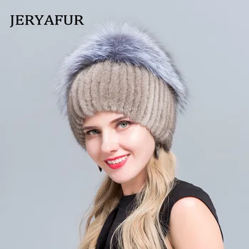 JERYAFUR sievietēm jaunu kažokādas cepures ziemas nekustamā ūdeļu kažokādas cepuri silver fox kažokādas pom poms trikotāžas beanie cepure 2018 jaunu pārdošanas kažokādas cepures
