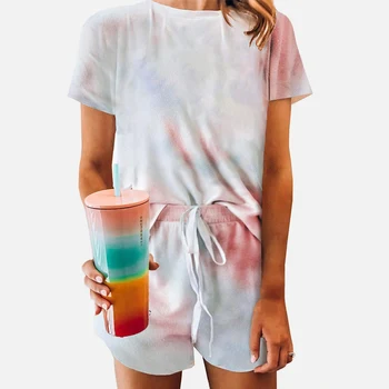Kaklasaišu krāsošanas 2 Gabali Sieviešu Pidžamas Komplekti Īsām Piedurknēm Bikses Sievietēm Homewear 2020 