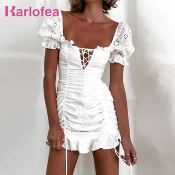 Karlofea Vasaras Elegants Balto Kleitu Modes Dobi No Tamborēšanas Sexy Kleita Priekšpusē Mežģīnes Up Kleita String Ruched Ruffles Tērpiem Valkāt