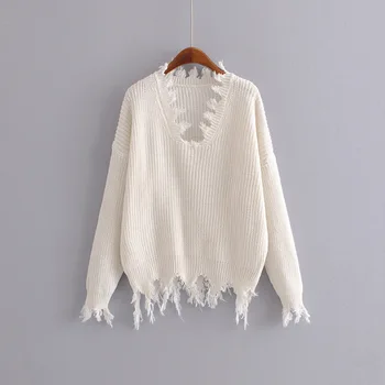 Karstā pārdošanas Fai 35-1186 Eiropas un Amerikas modes V apkakles, piedurknes piedurknes pušķis džemperis