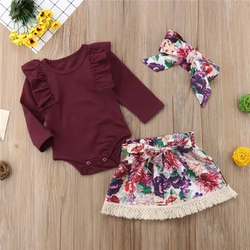 Karstā Pārdošanas Pavasara Rudens Bērniem, Baby Meitenes Ruffles T-Krekls Topi Bodysuit Ziedu Mini Svārki, Galvas 3pcs Tērpiem Komplekts 0-24M