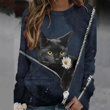 Kawaii Melnais Kaķis, Ziedu Rāvējslēdzēju Drukāt Sieviešu T Krekli Ar Garām Piedurknēm Gadījuma Sieviete Plus Lieluma Tees Zaudēt Estētisko Džemperi, Topi 2021