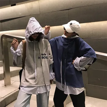 Korejas Harajuku BF sievietēm zaudēt izšūti burti viltus divdaļīga izšūšanas kapuci garām piedurknēm Vēstuli krekls svītras hip-hop