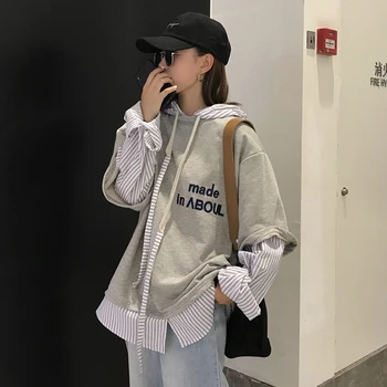 Korejas Harajuku BF sievietēm zaudēt izšūti burti viltus divdaļīga izšūšanas kapuci garām piedurknēm Vēstuli krekls svītras hip-hop