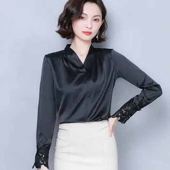 Korejas Modes Zīda Sieviešu Blūzes Satīna Mežģīnes garām Piedurknēm Balto Sieviešu Krekli Plus Izmēru XXL Blusas Femininas Elegante Dāmu Topi,