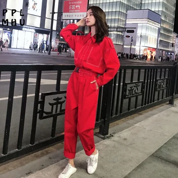 Korejas tīrtoņa krāsu zaudēt taisni jumpsuit sieviešu Ikdienas augsta vidukļa bodysuit ar kabatām Streetwear hip hop wide-leg (dungriņi)