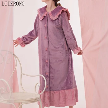 Korejas Ziemas Pavasara Coral Fleece Sieviešu Sleepwear Kleitu Modes Vaļēju Pogu, Nakts Kleita Silta Meitene Midi Mājas Drēbes