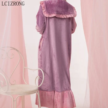 Korejas Ziemas Pavasara Coral Fleece Sieviešu Sleepwear Kleitu Modes Vaļēju Pogu, Nakts Kleita Silta Meitene Midi Mājas Drēbes