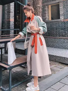 Korejiešu Jaunā Rudens Modes Krāsa Bloķēt Uzrakt Mētelis Sievietēm Streetwear sarkano Jostas Kabatas Mētelis Uzrakt Mētelis sievietēm pavasarī