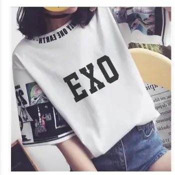 Kpop EKSO pašā sievietēm vaļīgas, t krekli, k-pop Apaļu kakla Harajuku Studentu pusē piedurknēm topi, T-krekls vasaras modes kokvilnas tshirt