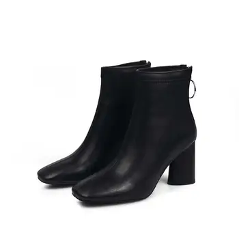 Krazing Pot vienkāršu stila melnas krāsas īstas ādas kvadrātveida kājām augstiem papēžiem biroja dāma zip ziemā silts pamata potītes zābaki L06