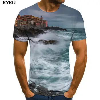 KYKU Ainavu T krekls Vīriešiem Viļņi T Iespiesti Jūras Anime Apģērbu Pilsētas Tshirts Gadījuma Īsām Piedurknēm vasaras Iespiesti Stilu O-veida Kakla