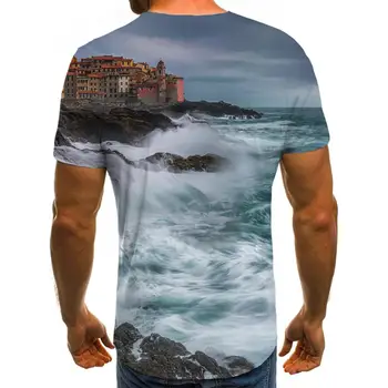 KYKU Ainavu T krekls Vīriešiem Viļņi T Iespiesti Jūras Anime Apģērbu Pilsētas Tshirts Gadījuma Īsām Piedurknēm vasaras Iespiesti Stilu O-veida Kakla