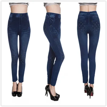 Lady Pavasarī, Rudenī jaunu imitācija džinsiem, legingiem gadījuma viltus džinsa zilā jegging iela ziedu caurumu leoparda kaķa tetovējums drukāt elsas