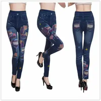 Lady Pavasarī, Rudenī jaunu imitācija džinsiem, legingiem gadījuma viltus džinsa zilā jegging iela ziedu caurumu leoparda kaķa tetovējums drukāt elsas