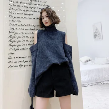 LANMREM augstu uzrullētu apkakli dobi ārā ar džemperi sieviešu modes 2021 jauna rudens ziemas garām piedurknēm zaudēt kintted džemperis liela izmēra A1469