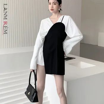 LANMREM ir 2021. Jaunā Pavasara Vasaras Kleita Sievietēm Tauriņš Piedurknes Īsas Kleitas Sexy korejiešu Stilā V Kakla Dāmas Puse Drēbes 2A3298