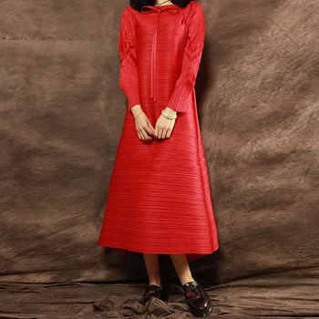 LANMREM Pavasara New Augstas Kvalitātes Sieviešu Kleitas Kroku Vintage Elatic Stand Apkakli, garām Piedurknēm Salocīts Apģērbu Ar Jostu WH678