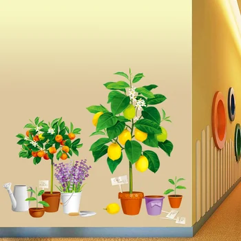 Liels 3D Potted Augu Sienas Uzlīmes, Citronu, Apelsīnu Koks Lavandas Uzlīmēm, Virtuve Koridors, viesistaba Dekori Sienas Vinila Baseboard