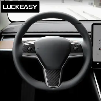 LUCKEASY Automašīnas salona piederumi stūre plāksteris Tesla Model 3 stūre piederumi oglekļa šķiedras detaļas 3pcs/komplekts