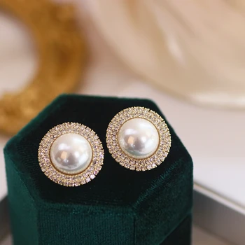 Luksusa Spīdīgu Rhinestone Kristāla Lielā Apaļā Auskari Elegants Imitācijas Pērles Stud Auskari Sievietēm, Kāzu Svinības, Rotaslietas, Dāvanas,