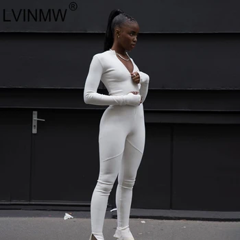LVINMW 2020. gadam Karstā Modes Izdilis Rāvējslēdzēju Jumpsuit O Apkakli, garām Piedurknēm Jumpsuits Fitnesa Sporta Kombinezonus Sieviešu Streetwear Tērpiem