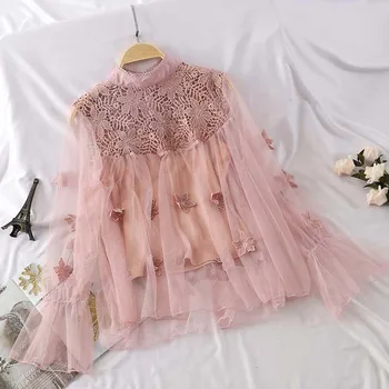 Līdz 2018. gada rudenī korejas Japāna Stilā Salds Mežģīņu Blūze Sievietēm Ilgi Laternu Piedurknēm Krekls Ziedu Elegants Tops Acs blusas femininas