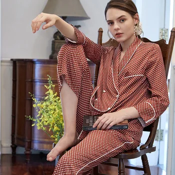 Maison Gabrielle Pavasara Vasaras Satīna Retro Polka Dot Pidžamas Komplekts Sieviešu garām Piedurknēm Zaudēt Loungewear Sieviešu Ērti Gadījuma