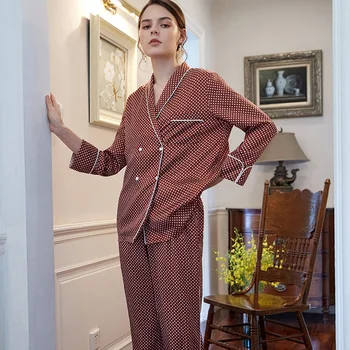 Maison Gabrielle Pavasara Vasaras Satīna Retro Polka Dot Pidžamas Komplekts Sieviešu garām Piedurknēm Zaudēt Loungewear Sieviešu Ērti Gadījuma