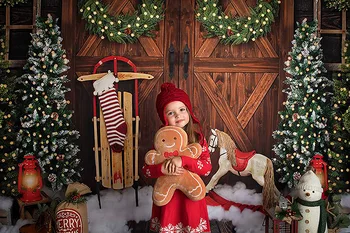 Mehofond Ziemassvētku Fona Ziemassvētki Vintage Koka Durvis, Sienas Vainags Sniega Baby Portreta Fotogrāfijā Fona Foto Studija Apdare
