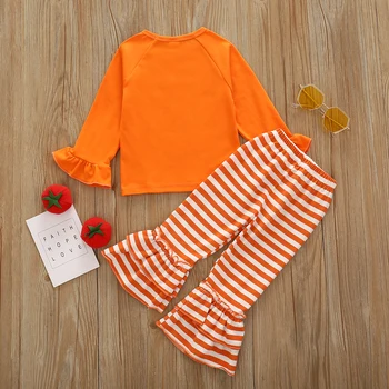 Meitene 12M-5T Halloween Apģērbs Oranžā Kārta-veida Kakla Savirmot Ilgtermiņa Piedurknēm Top + Svītras Bikses ar Slāņveida Apakšā Heming, lai Meitene