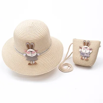 Meitene bērniem Cute gadījuma salmu cepure +somiņa komplekti Bērnu baby Āra ceļojumu holiday beach floppy cepures, somas uzstādīt ziedu saule klp panama