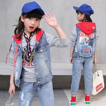 Meitenes, 4-14 Gadiem Gadījuma Modes Krāsu Salikuma Burtiem Drukāt 2GAB Kapuci Džinsi Mēteļi+ Bikses Apģērbu Komplekti Rudens Džinsi Komplekti