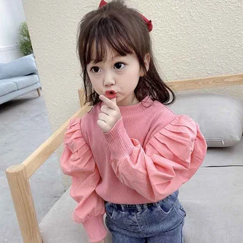 Meitenes Puff Piedurknēm Trikotāža Rudens Stila Bērnu Modes Japānas un korejas Saldi garām Piedurknēm Topi Bērniem Drēbes 2-7Y