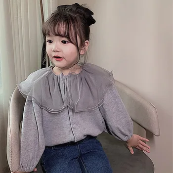 Meitenes Puff Piedurknēm Trikotāža Rudens Stila Bērnu Modes Japānas un korejas Saldi garām Piedurknēm Topi Bērniem Drēbes 2-7Y