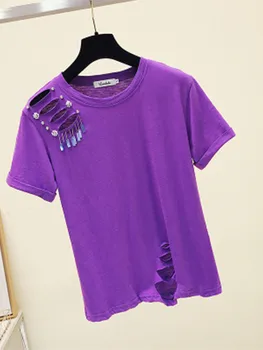 Meitenes Šiks Tshirt Sievietes Kokvilnas Topi Modes Frēzēšana Caurumu Sieviešu T-krekls Cietā Īsām Piedurknēm Tee Femme 