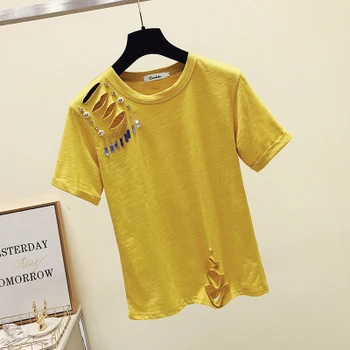 Meitenes Šiks Tshirt Sievietes Kokvilnas Topi Modes Frēzēšana Caurumu Sieviešu T-krekls Cietā Īsām Piedurknēm Tee Femme 