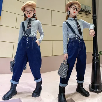Meiteņu kostīmi, rietumu stilā, pavasara un rudens drēbes 2020 jaunas džinsa kombinezoni ar krūšdaļu savilcējs divdaļīgs kostīms