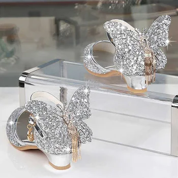 Meiteņu Sandales Pavasara Rudens Taureņu Pušķis Modes Bērni Augstiem Papēžiem Kurpes Bērniem Princese Sequin Crystal Mirdzēt Sandales