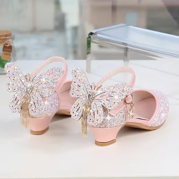 Meiteņu Sandales Pavasara Rudens Taureņu Pušķis Modes Bērni Augstiem Papēžiem Kurpes Bērniem Princese Sequin Crystal Mirdzēt Sandales