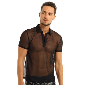 Melns Vīriešu Transparents T-Krekls Topi Vasaras Modes Īsām Piedurknēm Savukārt Apkakle Plānas Acs Skatīt Caur Mīksts T-Krekls Topi