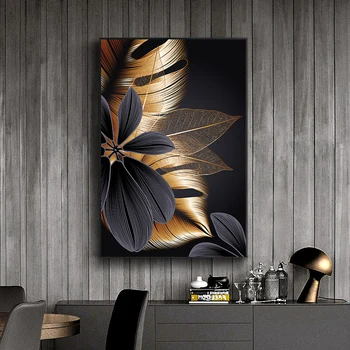 Melnā zelta augu lapu kanvas glezna mākslas plakātu drukas mūsdienu mājas apdare anotācija sienas mākslas glezniecības Ziemeļvalstu dzīvojamā istaba deco