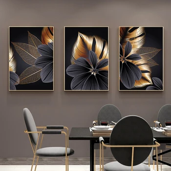 Melnā zelta augu lapu kanvas glezna mākslas plakātu drukas mūsdienu mājas apdare anotācija sienas mākslas glezniecības Ziemeļvalstu dzīvojamā istaba deco