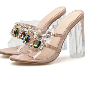 MHYONS Elegants kristāla čības, kurpes, sieviete augstpapēžu sandales sieviešu modes rhinestone paslīdēt uz organiskā stikla papēdi sieviešu sandales