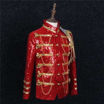 Militāro Stilu Vīriešu Sniegumu Tērpi Sarkanā Sequin Tiesa Atbilstu Eiropas Drāma Kleita Bleizeri Puse Svinības Vīriešu Formālu Apģērbu